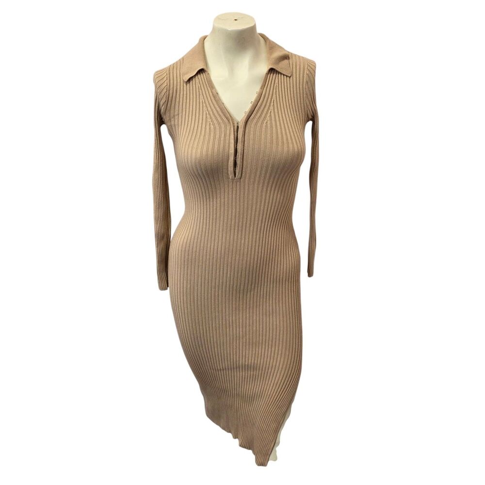 Abercrombie & Fitch XXSP Beige‎ Rib Knit Hook Front Midi Sweater Dress Bodycon